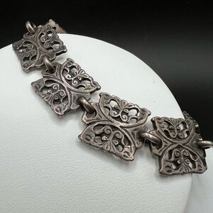 Vintage Silver Tone Link Bracelet Ornate Openwork Floral Filigree